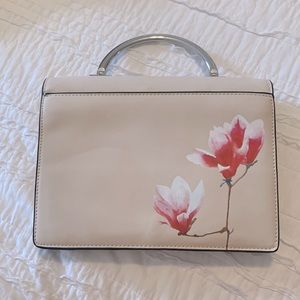 Zara nude clutch with floral detail, silver handle and detachable leather strap